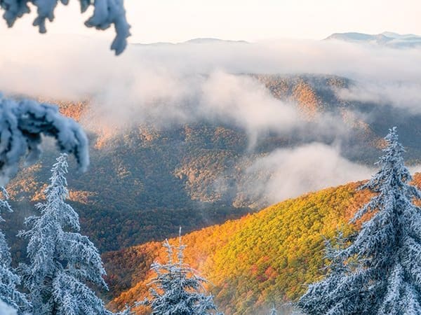 Richland balsam overlook on the blue ridge parkway in North Carolina (milepost 431). From the photographer: “the forecast was calling for some low clouds, precipitation and cold temperatures overnight, so I knew there was an opportunity to possibly catch two seasons in one photo the next morning. I had to drive to the highest point on the blue ridge parkway to find frost, but it was well worth the effort.”