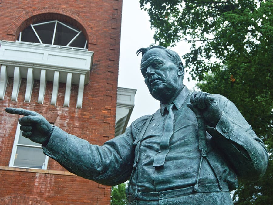 A statue of defense attorney Clarence Darrow stands outside the historic courthouse in Dayton, Tennessee, where the “Monkey Trial” took place in 1925.