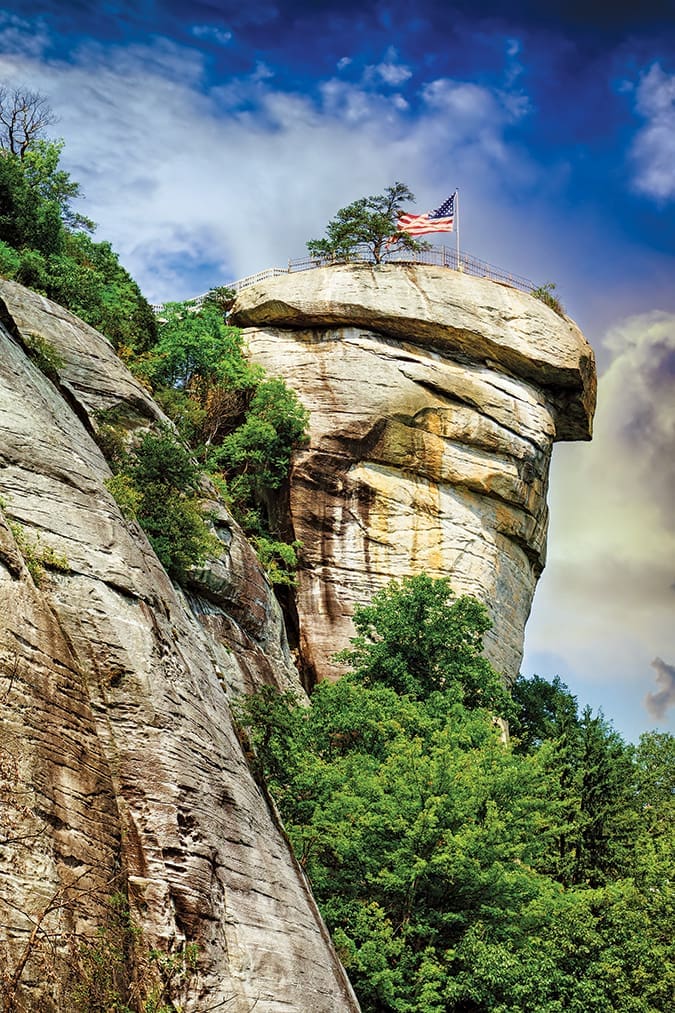Chimney Rock State Park’s signature formation is a nice match for the charming downtowns of Hendersonville and Black Mountain, North Carolina.
