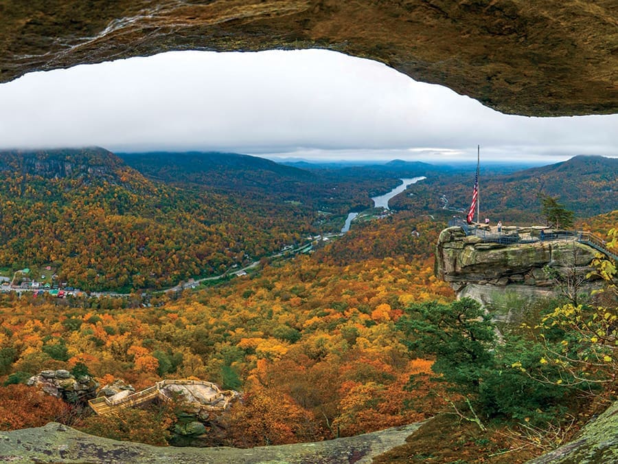 This view of the formation is only one of the lures of North Carolina’s Chimney Rock State Park and the village below.
